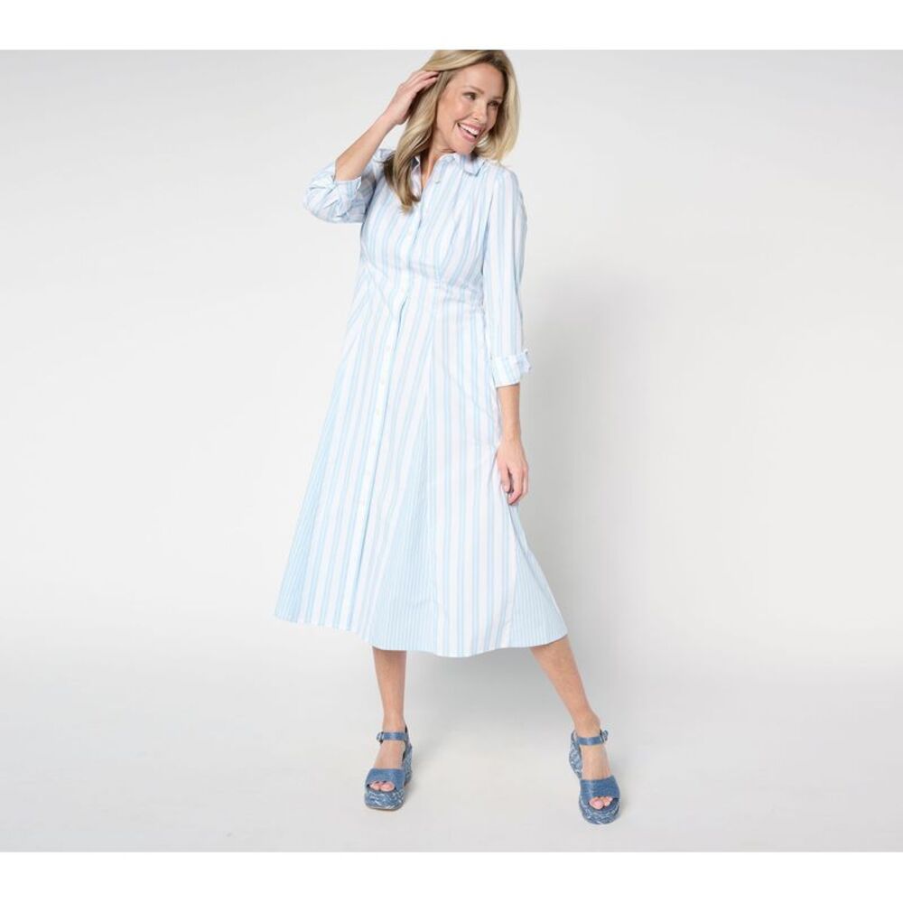 Liberare Women's Petite Dress PS Poplin Godet Button Front Midi Blue A685066